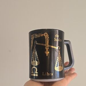 Vintage 70s Federal Glass Milk Glass Zodiac Libra Black and Gold Mug